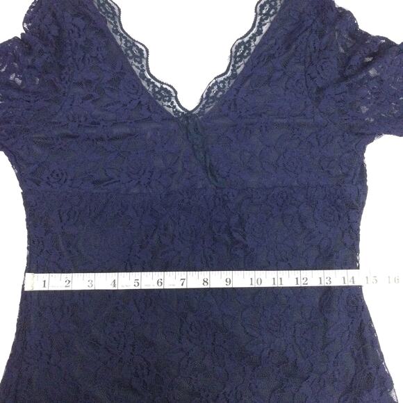XJF.MC Whimsigoth Navy Feminine Romantic Lace Long Sleeve Knee Length Dress M - Picture 9 of 13